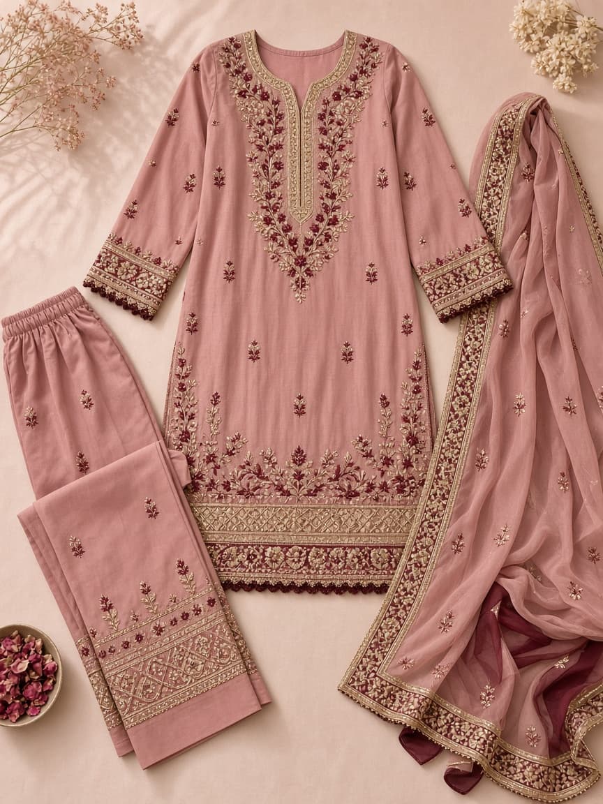 Rose Embroidered Chiffon 3PC