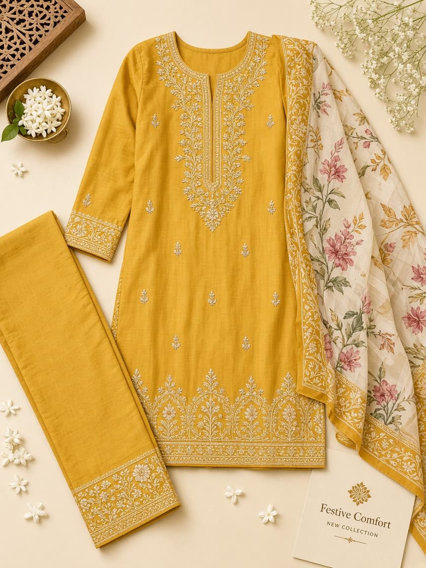 Mustard Embroidered 3PC